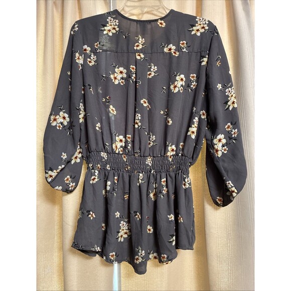 Rue 21 Womans Top Tunic XL Gray Cream Floral Convert Sleeve Zip Elastic Waist - Picture 6 of 6